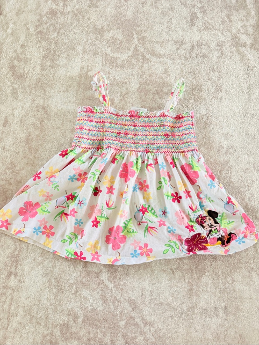 Disney White Floral Minnie Mouse Smocked Sundress with Pink & Green Accents